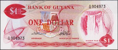 Банкнота Гайана 1 доллар 1966 года. P.21а(2) - UNC - Банкнота Гайана 1 доллар 1966 года. P.21а(2) - UNC