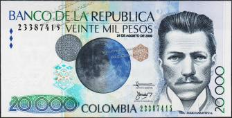 Банкнота Колумбия 20000 песо 24.08.2009 года. P.454??? - UNC - Банкнота Колумбия 20000 песо 24.08.2009 года. P.454??? - UNC