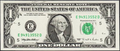 Банкнота США 1 доллар 1995 года. Р.496а - UNC "E" E-D - Банкнота США 1 доллар 1995 года. Р.496а - UNC "E" E-D