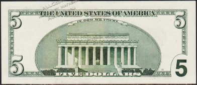 Банкнота США 5 долларов 2003 года.  Р.517а - UNC "DL-A" - Банкнота США 5 долларов 2003 года.  Р.517а - UNC "DL-A"