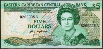 Восточные Карибы 5 долларов 1988-89г. P.22а1 - UNC - Восточные Карибы 5 долларов 1988-89г. P.22а1 - UNC