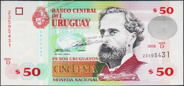 Банкнота Уругвай 50 песо 2008 года. P.87а - UNC - Банкнота Уругвай 50 песо 2008 года. P.87а - UNC