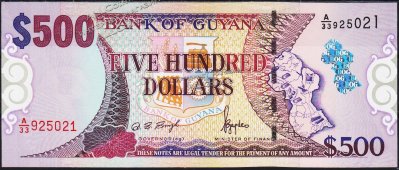 Банкнота Гайана 500 долларов 2002 года. P.34а - UNC - Банкнота Гайана 500 долларов 2002 года. P.34а - UNC
