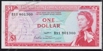 Восточные Карибы 1 доллар 1965г. P.13a(2) - XF+  - Восточные Карибы 1 доллар 1965г. P.13a(2) - XF+ 