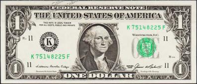 Банкнота США 1 доллар 1985 года. Р.474 UNC "K" K-F - Банкнота США 1 доллар 1985 года. Р.474 UNC "K" K-F