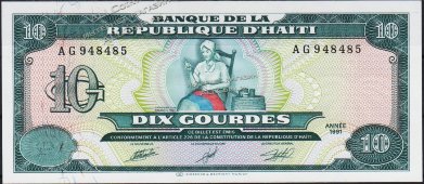 Банкнота Гаити 10 гурд 1991 года. P.256а - UNC - Банкнота Гаити 10 гурд 1991 года. P.256а - UNC