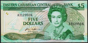 Восточные Карибы 5 долларов 1988-89г. P.22к1 - UNC - Восточные Карибы 5 долларов 1988-89г. P.22к1 - UNC