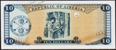 Либерия 10 долларов 1999г. P.22 UNC - Либерия 10 долларов 1999г. P.22 UNC