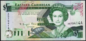 Восточные Карибы 5 долларов 1993г. Р.26а - UNC - Восточные Карибы 5 долларов 1993г. Р.26а - UNC