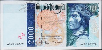 Банкнота Португалия 2000 эскудо 1996 года. P.189в(1) - UNC - Банкнота Португалия 2000 эскудо 1996 года. P.189в(1) - UNC