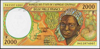 Банкнота Центрально Африканская Республика 2000 франков 1994 года. P.303Fв - UNC - Банкнота Центрально Африканская Республика 2000 франков 1994 года. P.303Fв - UNC
