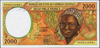 Банкнота Центрально Африканская Республика 2000 франков 1998 года. P.303Fе - UNC - Банкнота Центрально Африканская Республика 2000 франков 1998 года. P.303Fе - UNC