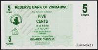 Банкнота Зимбабве 5 центов 2006 года. P.34 UNC