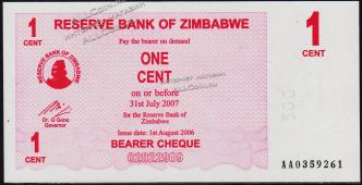 Банкнота Зимбабве 1 цент 2006 года. P.33 UNC - Банкнота Зимбабве 1 цент 2006 года. P.33 UNC