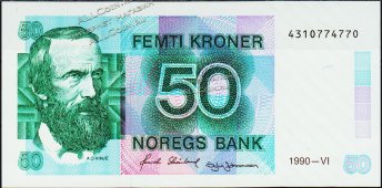 Банкнота Норвегия 50 крон 1990 года. P.42е(2) - UNC - Банкнота Норвегия 50 крон 1990 года. P.42е(2) - UNC