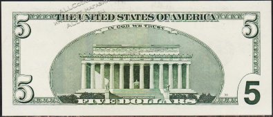 Банкнота США 5 долларов 2003A года.  Р.517в - UNC "FE-A" - Банкнота США 5 долларов 2003A года.  Р.517в - UNC "FE-A"