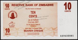 Банкнота Зимбабве 10 центов 2006 года. P.35 UNC - Банкнота Зимбабве 10 центов 2006 года. P.35 UNC