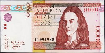 Банкнота Колумбия 10000 песо 01.06.2001 года. P.453а - UNC - Банкнота Колумбия 10000 песо 01.06.2001 года. P.453а - UNC