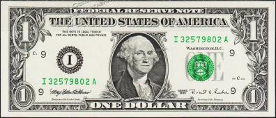 Банкнота США 1 доллар 1995 года. Р.496а - UNC "I" I-A - Банкнота США 1 доллар 1995 года. Р.496а - UNC "I" I-A