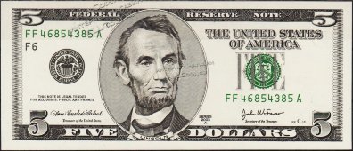 Банкнота США 5 долларов 2003A года.  Р.517в - UNC "FF-A" - Банкнота США 5 долларов 2003A года.  Р.517в - UNC "FF-A"