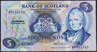Шотландия 5 фунт 1987г. P.112f(3) - UNC - Шотландия 5 фунт 1987г. P.112f(3) - UNC