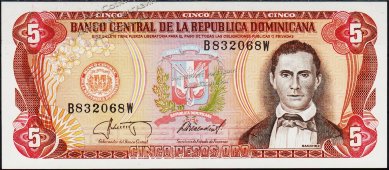 Банкнота Доминикана 5 песо 1987 года. P.118с(3-2) - UNC - Банкнота Доминикана 5 песо 1987 года. P.118с(3-2) - UNC