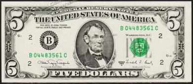 Банкнота США 5 долларов 1988А года. Р.481в - UNC "В" В-С - Банкнота США 5 долларов 1988А года. Р.481в - UNC "В" В-С