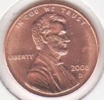  США 1 цент 2008D UNC (арт100)