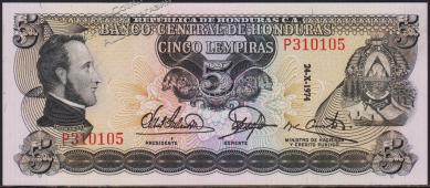 Гондурас 5 лемпир 24.10.1974г. P.59a - UNC - Гондурас 5 лемпир 24.10.1974г. P.59a - UNC