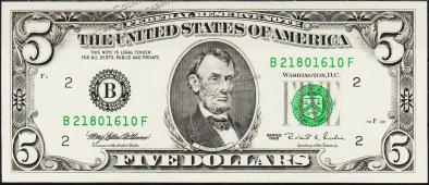 Банкнота США 5 долларов 1995 года. Р.498 UNC "B" B-F - Банкнота США 5 долларов 1995 года. Р.498 UNC "B" B-F