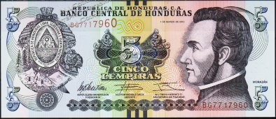 Банкнота Гондурас 5 лемпир 2012 года. P.98а - UNC - Банкнота Гондурас 5 лемпир 2012 года. P.98а - UNC