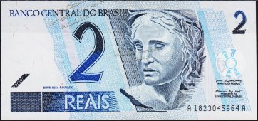 Банкнота Бразилия 2 реала 2001 года. P.249а - UNC - Банкнота Бразилия 2 реала 2001 года. P.249а - UNC