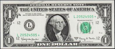 Банкнота США 1 доллар 1963А года Р.443в - UNC "L" L-Звезда - Банкнота США 1 доллар 1963А года Р.443в - UNC "L" L-Звезда
