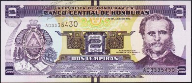 Банкнота Гондурас 2 лемпира 2014 года. P.97в - UNC - Банкнота Гондурас 2 лемпира 2014 года. P.97в - UNC