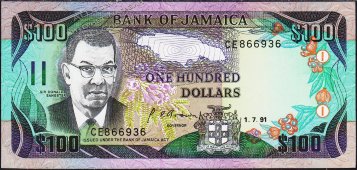 Банкнота Ямайка 100 долларов 1991 года. P.75а - UNC - Банкнота Ямайка 100 долларов 1991 года. P.75а - UNC