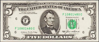 Банкнота США 5 долларов 1985 года. Р.475 UNC "F" F-C - Банкнота США 5 долларов 1985 года. Р.475 UNC "F" F-C