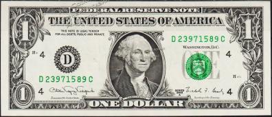 Банкнота США 1 доллар 1988A года. Р.480в - UNC "D" D-C - Банкнота США 1 доллар 1988A года. Р.480в - UNC "D" D-C
