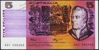 Австралия 5 долларов 1990г. P.44f - UNC - Австралия 5 долларов 1990г. P.44f - UNC
