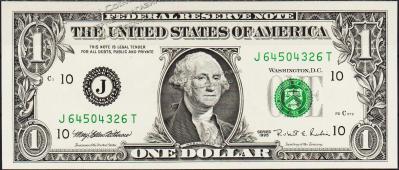 Банкнота США 1 доллар 1995 года. Р.496а - UNC "J" J-T - Банкнота США 1 доллар 1995 года. Р.496а - UNC "J" J-T