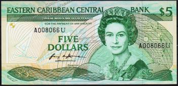 Восточные Карибы 5 долларов 1988-89г. P.22u - UNC - Восточные Карибы 5 долларов 1988-89г. P.22u - UNC