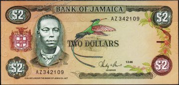Банкнота Ямайка 2 доллара 01.03.1986 года. P.69в(1) - UNC - Банкнота Ямайка 2 доллара 01.03.1986 года. P.69в(1) - UNC