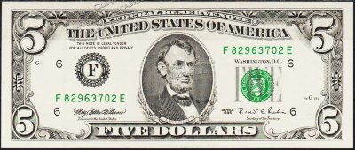 Банкнота США 5 долларов 1995 года. Р.498 UNC "F" F-E - Банкнота США 5 долларов 1995 года. Р.498 UNC "F" F-E