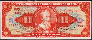 Банкнота Бразилия 1000 крузейро 1963 года. P.181 UNC - Банкнота Бразилия 1000 крузейро 1963 года. P.181 UNC