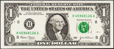 Банкнота США 1 доллар 2003 года. Р.515a - UNC "H" H-A - Банкнота США 1 доллар 2003 года. Р.515a - UNC "H" H-A