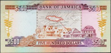 Банкнота Ямайка 500 долларов 1994 года. P.77а - UNC - Банкнота Ямайка 500 долларов 1994 года. P.77а - UNC