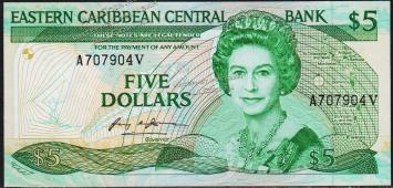Восточные Карибы 5 долларов 1988-89г. P.22v1 - UNC - Восточные Карибы 5 долларов 1988-89г. P.22v1 - UNC
