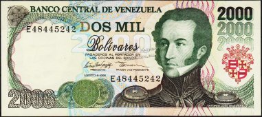 Банкнота Венесуэла 2000 боливаров 06.08.1998 года. P.77с - UNC "E" - Банкнота Венесуэла 2000 боливаров 06.08.1998 года. P.77с - UNC "E"