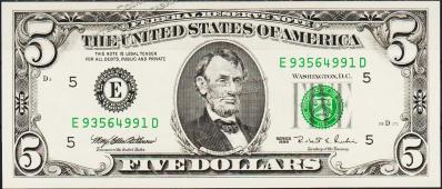 Банкнота США 5 долларов 1995 года. Р.498 UNC "E" E-D - Банкнота США 5 долларов 1995 года. Р.498 UNC "E" E-D