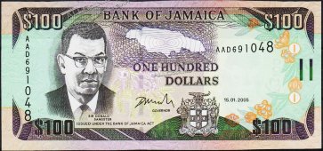 Банкнота Ямайка 100 долларов 2005 года. P.84а - UNC - Банкнота Ямайка 100 долларов 2005 года. P.84а - UNC