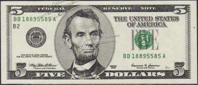 Банкнота США 5 долларов 1999 года. Р.505 UNC "BB-А" - Банкнота США 5 долларов 1999 года. Р.505 UNC "BB-А"